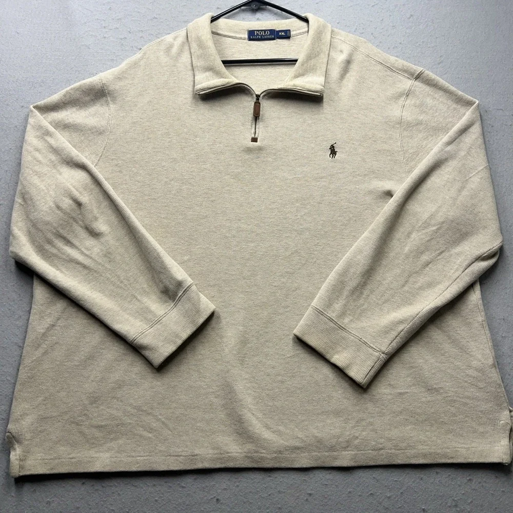 Polo Ralph Lauren Sweater‎ Mens 2XL Beige Quarter Zip Mock Neck Pullover Knit